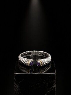 Robert Manse Bali Designs 925 Sterling  18K Gold African Amethyst Hinged Cuff
